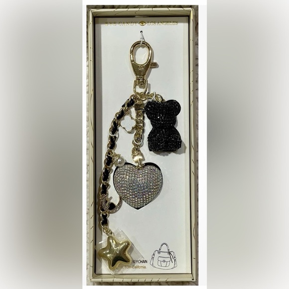 Gold and Black Charm Keychain with Heart and Bear